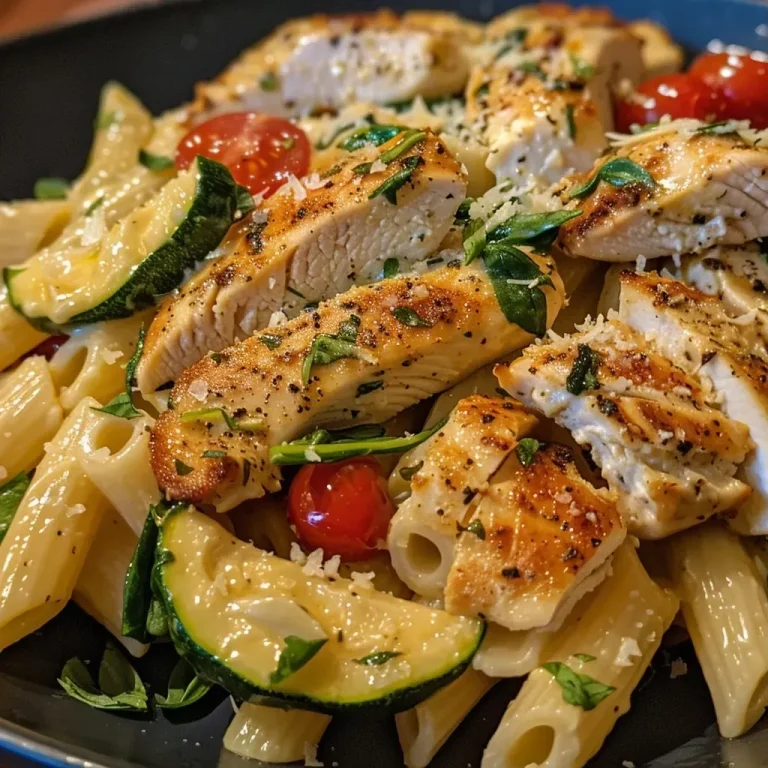 ['Close-up view of creamy garlic chicken pasta with zucchini and cherry tomatoes.', 'Plate of summer garlic chicken pasta featuring colorful vegetables.', 'Delicious creamy pasta dish with sliced chicken and fresh spinach.', 'Juicy chicken strips in creamy sauce with halved tomatoes and basil.']