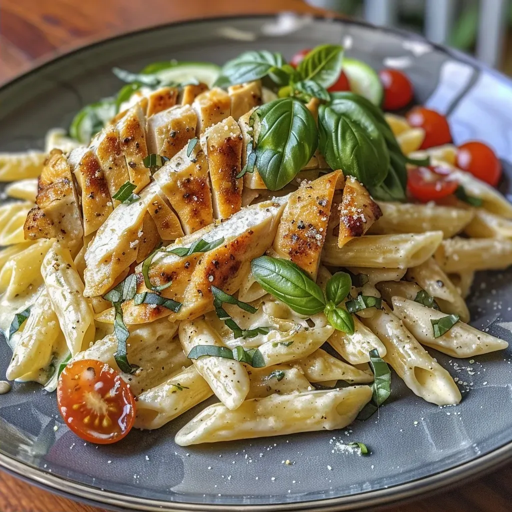 ['Close-up view of creamy garlic chicken pasta with zucchini and cherry tomatoes.', 'Plate of summer garlic chicken pasta featuring colorful vegetables.', 'Delicious creamy pasta dish with sliced chicken and fresh spinach.', 'Juicy chicken strips in creamy sauce with halved tomatoes and basil.']