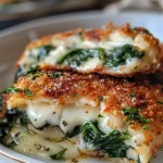 ['Close-up view of Spinat Parmesan Hähnchen showing juicy chicken breast with spinach.', 'Side profile of a deliciously prepared Spinat Parmesan Hähnchen with melted cheese.', 'Detailed view of a savory Spinat Parmesan Hähnchen featuring fresh spinach and golden-brown crust.', 'Appetizing close-up of Spinat Parmesan chicken garnished with spinach and herbs.']