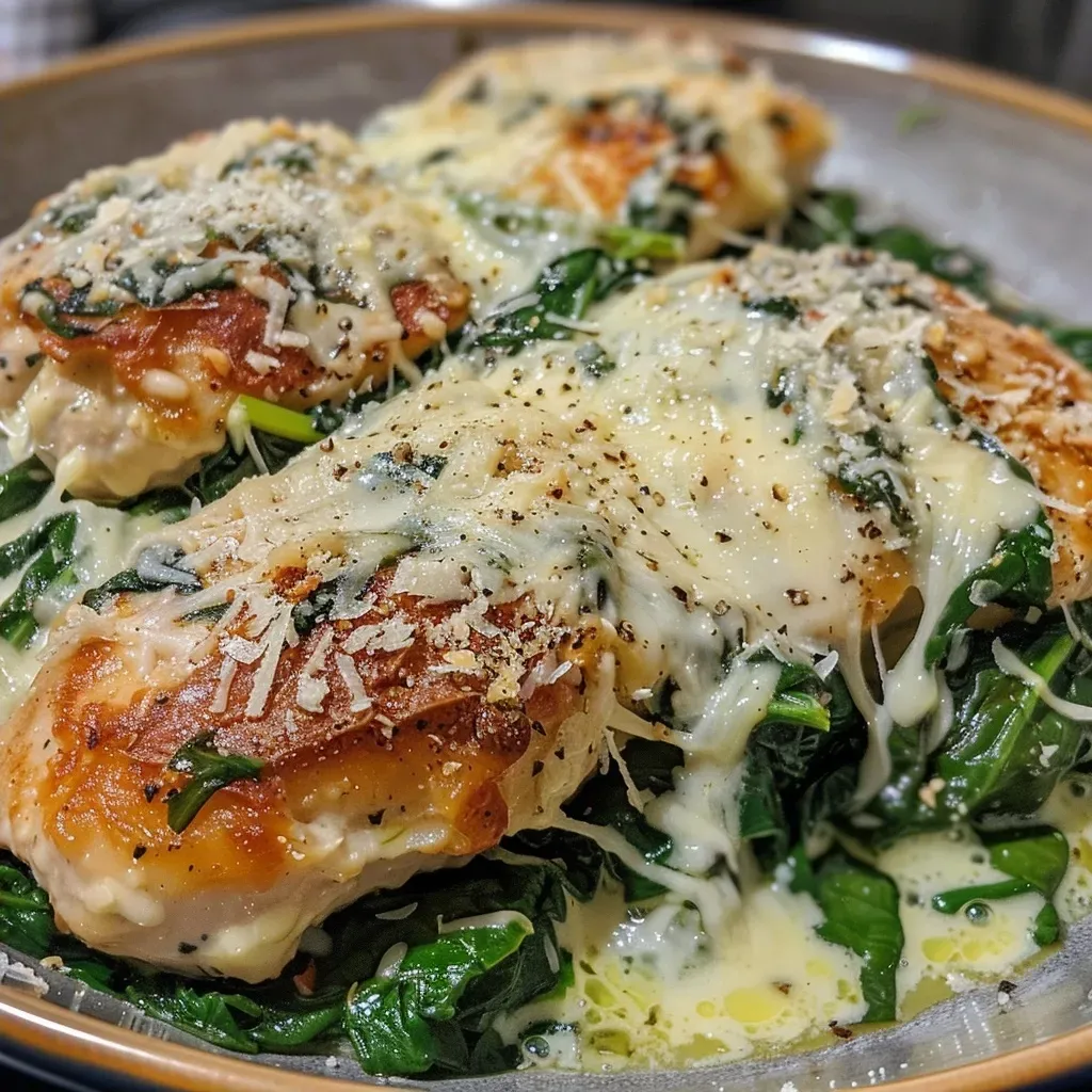 ['Close-up view of Spinat Parmesan Hähnchen showing juicy chicken breast with spinach.', 'Side profile of a deliciously prepared Spinat Parmesan Hähnchen with melted cheese.', 'Detailed view of a savory Spinat Parmesan Hähnchen featuring fresh spinach and golden-brown crust.', 'Appetizing close-up of Spinat Parmesan chicken garnished with spinach and herbs.']