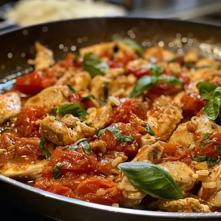 ['Close-up of juicy tomato chicken dish with sliced basil on top.', 'Side view of cooked chicken in a tomato sauce with garlic and herbs.', 'Delicious plate of tomato chicken featuring riced cauliflower as a side.', 'Succulent boneless chicken breasts in a vibrant tomato sauce background.']