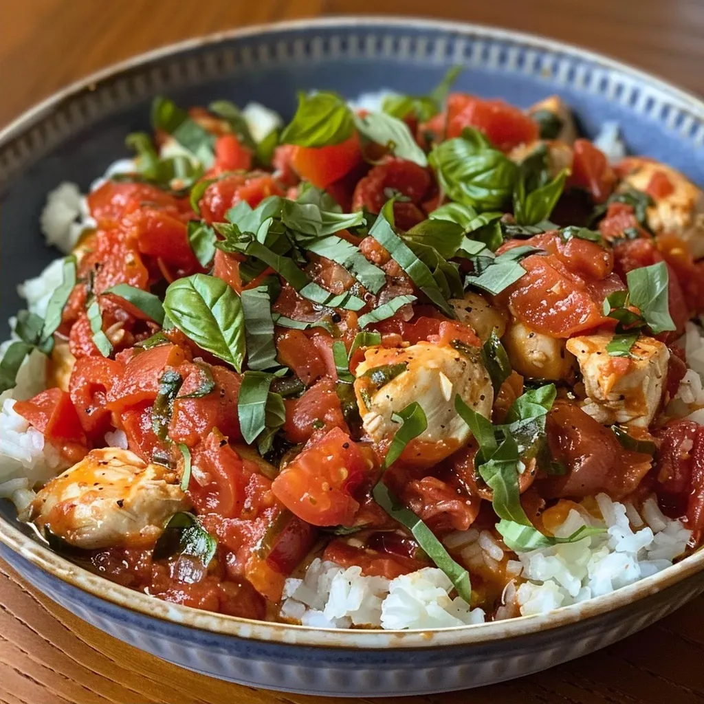 ['Close-up of juicy tomato chicken dish with sliced basil on top.', 'Side view of cooked chicken in a tomato sauce with garlic and herbs.', 'Delicious plate of tomato chicken featuring riced cauliflower as a side.', 'Succulent boneless chicken breasts in a vibrant tomato sauce background.']
