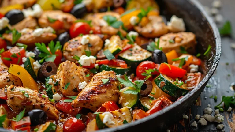 ['A close-up view of a colorful Mediterranean chicken skillet filled with chicken, vegetables, and olives.', 'A vibrant dish featuring cooked chicken, zucchini, bell peppers, and cherry tomatoes in a skillet.', 'A side view of a Mediterranean chicken pan with juicy chicken, herbs, and slices of lemon.', 'An appetizing Mediterranean chicken skillet showcasing fresh ingredients like olives and feta cheese.']