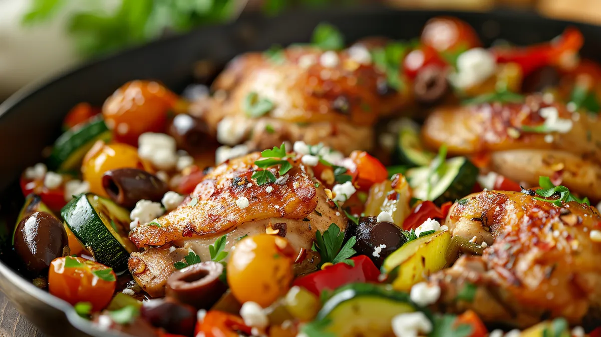 ['A close-up view of a colorful Mediterranean chicken skillet filled with chicken, vegetables, and olives.', 'A vibrant dish featuring cooked chicken, zucchini, bell peppers, and cherry tomatoes in a skillet.', 'A side view of a Mediterranean chicken pan with juicy chicken, herbs, and slices of lemon.', 'An appetizing Mediterranean chicken skillet showcasing fresh ingredients like olives and feta cheese.']