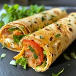 ['Juicy Käse-Geschmack Hühnchen Wraps on a wooden table with fresh ingredients around.', 'Close-up view of cheesy chicken wraps showcasing melted cheese and garnished parsley.', 'Side view of warm chicken wraps filled with melted mozzarella and cheddar, served with sour cream.', 'Tasty tortilla wraps filled with chicken and cheese, detailed with fresh herbs on a plate.']