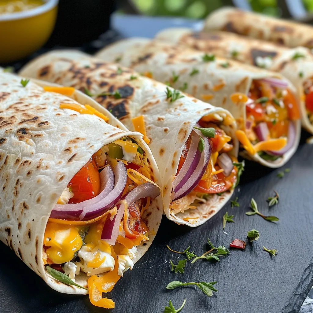 ['Juicy Käse-Geschmack Hühnchen Wraps on a wooden table with fresh ingredients around.', 'Close-up view of cheesy chicken wraps showcasing melted cheese and garnished parsley.', 'Side view of warm chicken wraps filled with melted mozzarella and cheddar, served with sour cream.', 'Tasty tortilla wraps filled with chicken and cheese, detailed with fresh herbs on a plate.']