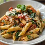 ['Close-up view of creamy Heirate mich-Hähnchen Pasta with chicken and herbs.', 'Juicy chicken pasta dish garnished with fresh basil and Parmesan cheese.', 'Side angle of Heirate mich-Hähnchen Pasta featuring penne in a rich sauce.', 'Delicious pasta meal with chicken, garlic, and a creamy sauce.']