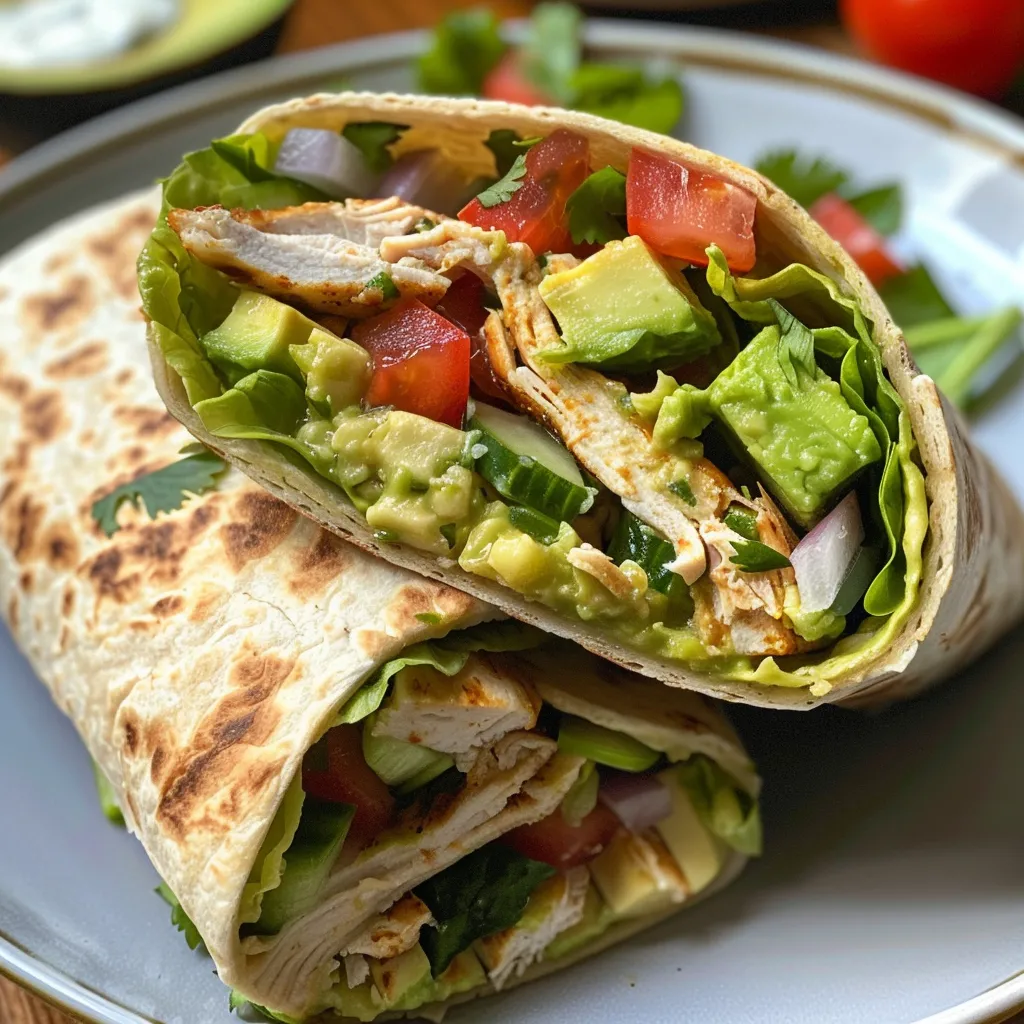 ['Close-up view of a Chicken Avocado Wrap filled with sliced chicken, avocado, lettuce, and vegetables.', 'A side view of a juicy Chicken Avocado Wrap showcasing colorful ingredients like avocado and tomato.', 'Detailed shot of a Chicken Avocado Wrap with visible layers of chicken, cheese, and fresh vegetables.', 'Close-up image of a Chicken Avocado Wrap with vibrant colors and textures from the fresh ingredients.']