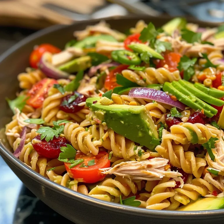 ['Close-up of a vibrant Chicken Avocado Pasta Salad featuring rotini pasta, chicken, and avocado.', 'A side view of a colorful Chicken Avocado Pasta Salad with cherry tomatoes and parsley.', 'Juicy Chicken Avocado Pasta Salad in a bowl, showcasing creamy avocado and diced red onion.', 'Freshly made Chicken Avocado Pasta Salad close-up with rotisserie chicken and cranberries.']