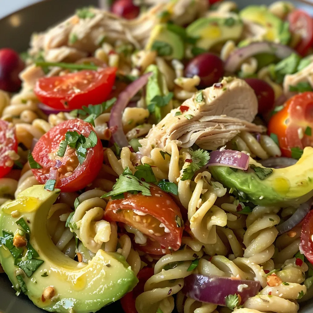 ['Close-up of a vibrant Chicken Avocado Pasta Salad featuring rotini pasta, chicken, and avocado.', 'A side view of a colorful Chicken Avocado Pasta Salad with cherry tomatoes and parsley.', 'Juicy Chicken Avocado Pasta Salad in a bowl, showcasing creamy avocado and diced red onion.', 'Freshly made Chicken Avocado Pasta Salad close-up with rotisserie chicken and cranberries.']