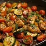 ['Close-up side view of a Mediterranean chicken bake with vibrant vegetables and melted cheese.', 'Juicy pieces of chicken, zucchini, and tomatoes in a Mediterranean-style casserole dish.', 'A colorful Mediterranean chicken bake featuring cherry tomatoes and herbs, served warm.', 'Freshly baked Mediterranean chicken dish with herbs, cheese, and sliced zucchini.']