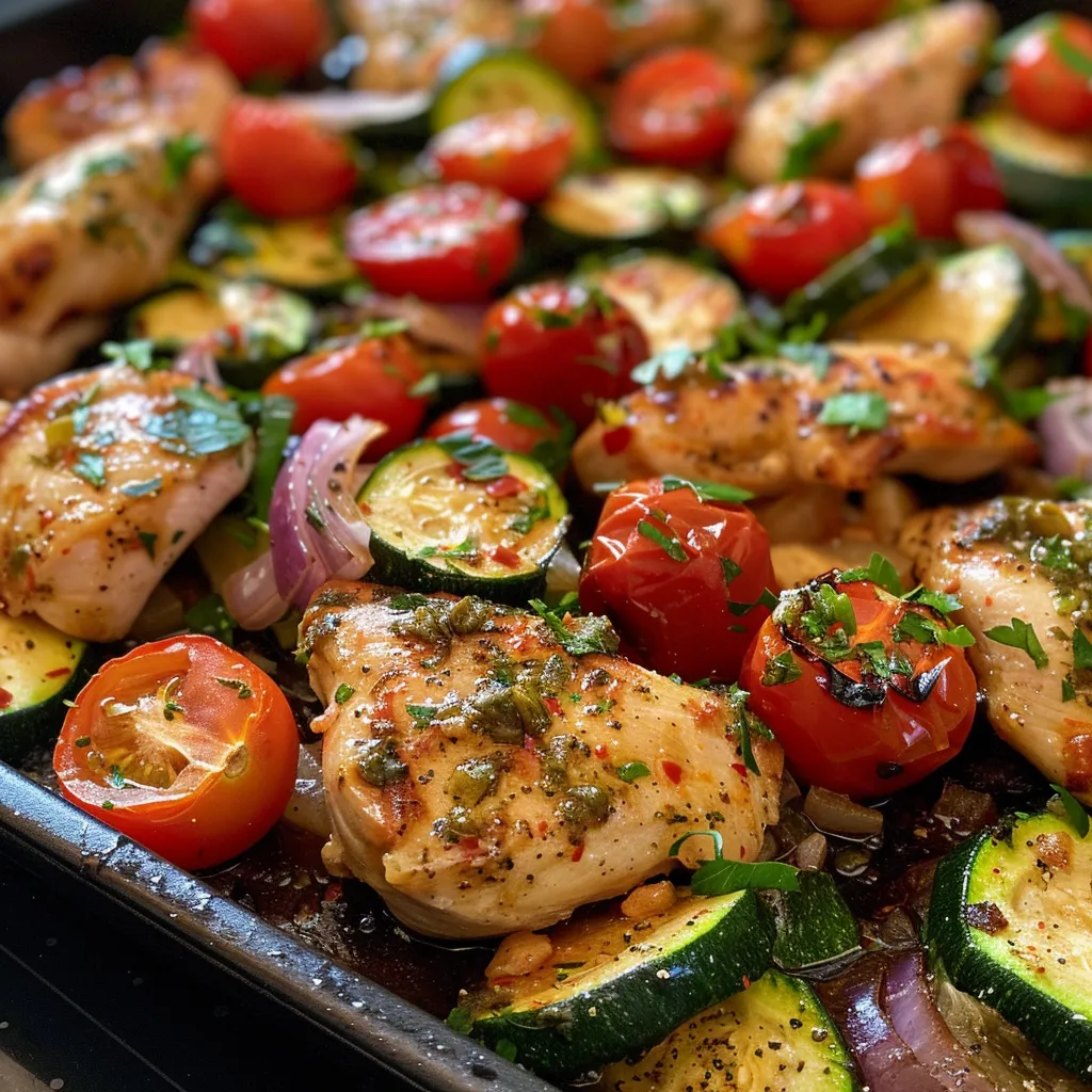 ['Close-up side view of a Mediterranean chicken bake with vibrant vegetables and melted cheese.', 'Juicy pieces of chicken, zucchini, and tomatoes in a Mediterranean-style casserole dish.', 'A colorful Mediterranean chicken bake featuring cherry tomatoes and herbs, served warm.', 'Freshly baked Mediterranean chicken dish with herbs, cheese, and sliced zucchini.']