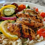 ['Close-up view of a Greek lemon chicken rice bowl with vibrant ingredients.', 'Juicy chicken thighs served over rice, garnished with fresh vegetables and herbs.', 'A colorful bowl of lemon chicken, rice, and toppings including cucumber and tomatoes.', 'Side view of a delicious Greek rice bowl with chicken, olives, and tzatziki.']