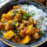 ['Close-up view of a bowl of Mango Hühnchen Curry with vibrant colors.', 'Juicy Mango Hühnchen Curry served with rice and garnished with herbs.', 'Side view of Mango Hühnchen Curry featuring chunks of chicken and mango.', 'A delicious serving of Mango Hühnchen Curry with coconut milk and spices.']