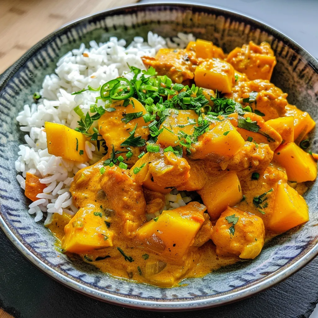 ['Close-up view of a bowl of Mango Hühnchen Curry with vibrant colors.', 'Juicy Mango Hühnchen Curry served with rice and garnished with herbs.', 'Side view of Mango Hühnchen Curry featuring chunks of chicken and mango.', 'A delicious serving of Mango Hühnchen Curry with coconut milk and spices.']