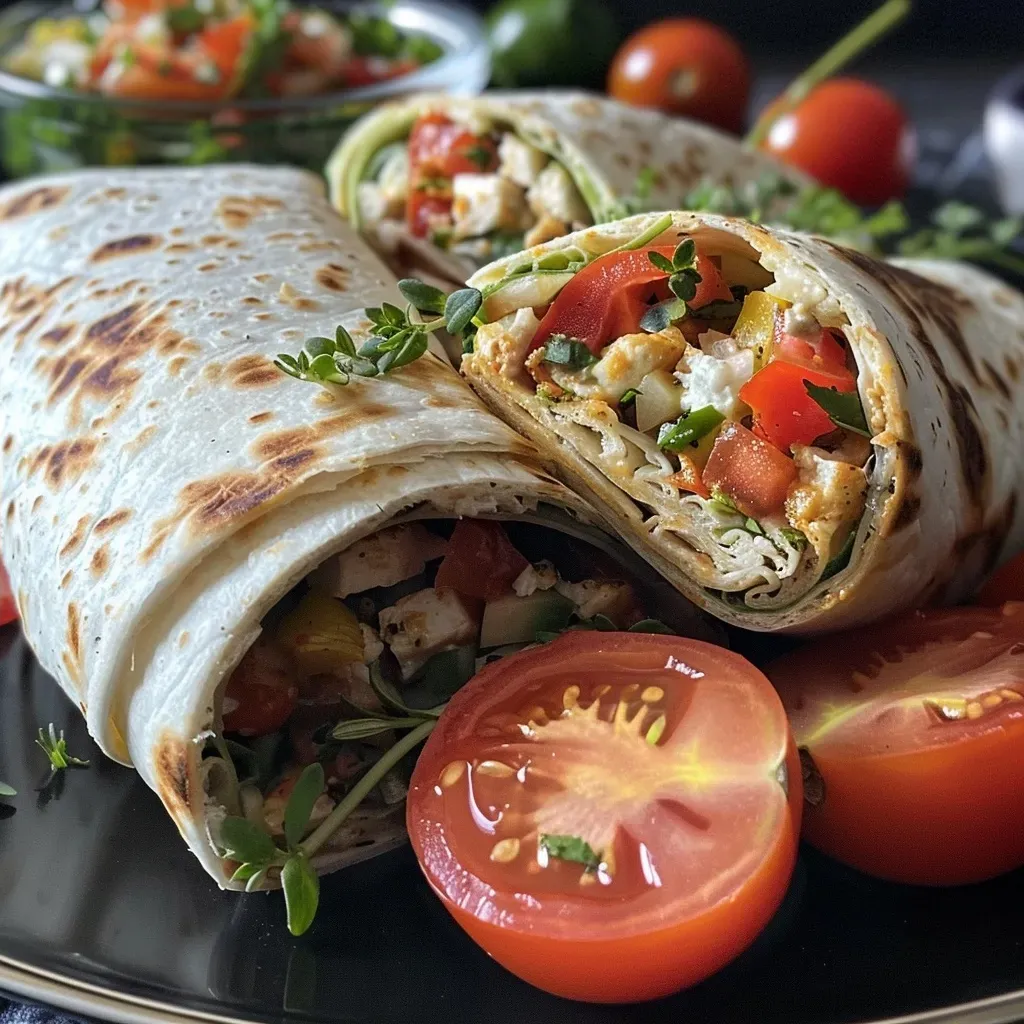 ['Close-up side view of a chicken and tomato wrap on a plate.', 'Juicy chicken breast wrapped with fresh tomatoes and lettuce.', 'Tortilla wrap filled with chicken, tomatoes, and crispy bacon.', 'Vertical shot of a hand holding a chicken and tomato wrap filled with greens.']
