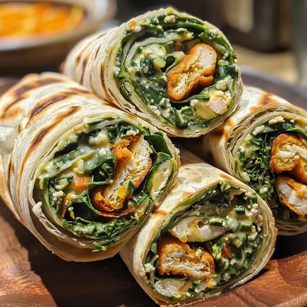 ['Close-up view of wraps filled with turkey ham and spinach, showcasing vibrant colors.', 'A side perspective of a juicy wrap, revealing layers of spinach and sliced turkey.', 'Detailed image of a delicious wrap with visible ingredients, including greens and turkey.', 'A mouthwatering side view of a wrap, highlighting its fresh and appetizing filling.']