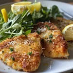 ['Juicy Zitronen-Parmesan-Pfannenhähnchen in a skillet, garnished with fresh parsley.', 'Close-up view of golden-brown Zitronen-Parmesan chicken fillets with lemon slices.', 'A side view of a skillet with sizzling Zitronen-Parmesan chicken, highlighting the crispy texture.', 'Deliciously cooked Zitronen-Parmesan chicken breast, surrounded by fresh herbs and lemon zest.']