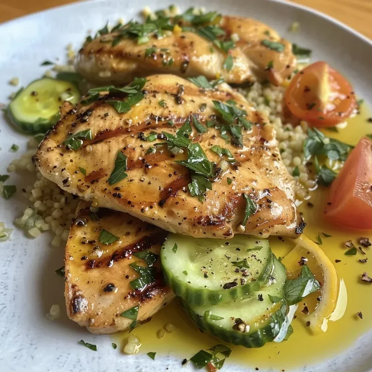 ['Juicy grilled chicken marinated in lemon and herbs served with fluffy couscous.', 'Close-up of lemon herb grilled chicken garnished with parsley and served alongside couscous.', 'Side view of a plate featuring golden grilled chicken with lemon zest over a bed of couscous.', 'Freshly cooked lemon herb chicken with diced cucumber and tomato on a bed of couscous.']