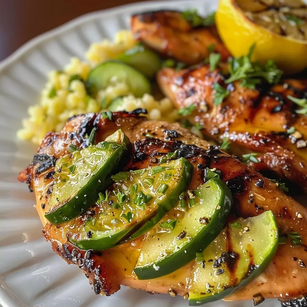 ['Juicy grilled chicken marinated in lemon and herbs served with fluffy couscous.', 'Close-up of lemon herb grilled chicken garnished with parsley and served alongside couscous.', 'Side view of a plate featuring golden grilled chicken with lemon zest over a bed of couscous.', 'Freshly cooked lemon herb chicken with diced cucumber and tomato on a bed of couscous.']
