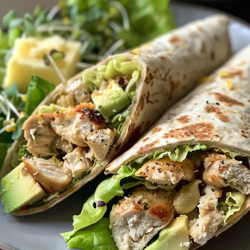['A close-up view of a lemon pepper chicken wrap with visible ingredients like chicken, lettuce, and avocado.', 'A side view photograph of a lemon pepper chicken wrap, showcasing its juicy filling and tortilla.', 'An iPhone 15 pro captured image of a lemon pepper chicken wrap filled with chicken, cheese, and fresh greens.', 'A detailed side shot of a lemon pepper chicken wrap, highlighting its colorful layers of ingredients.']