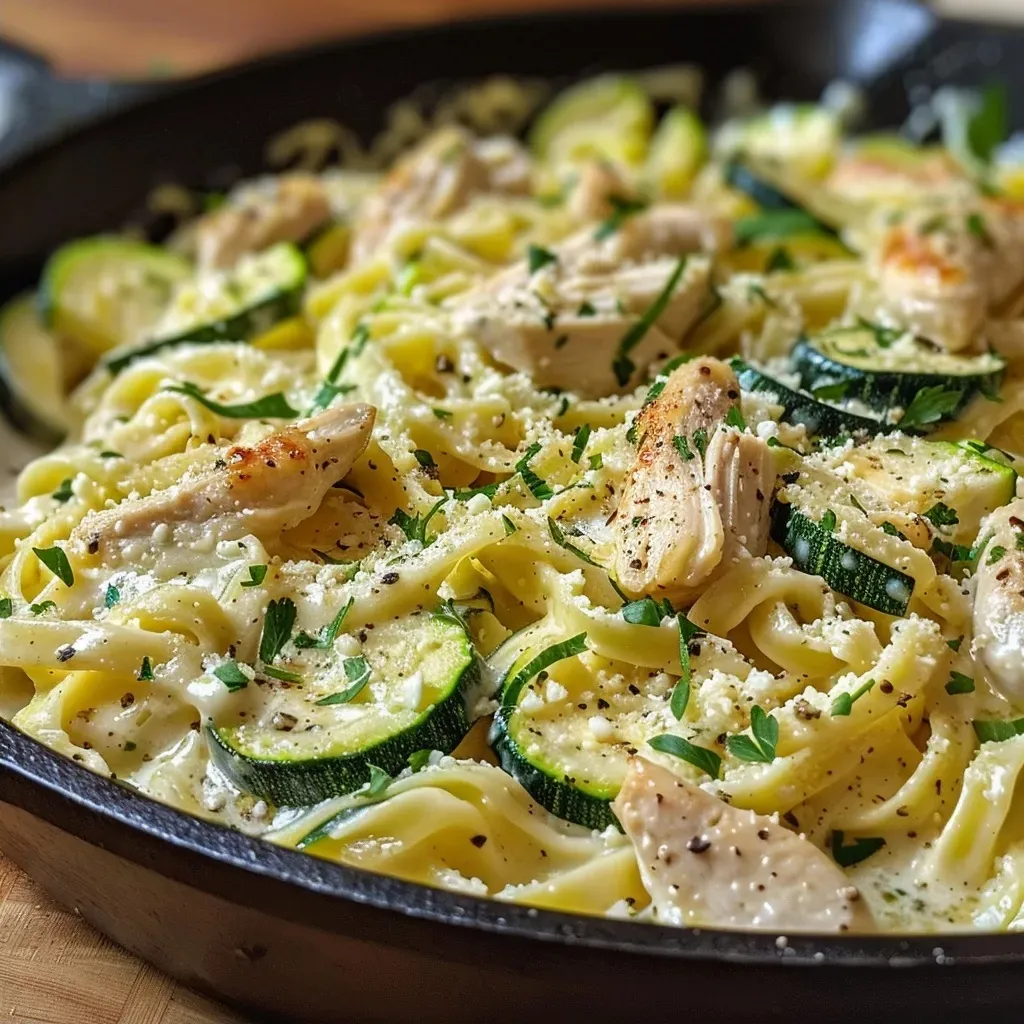 ['Close-up view of a bowl of zucchini noodle chicken Alfredo, showcasing juicy chicken and creamy sauce.', 'Side angle of a plate filled with zucchini noodles topped with sliced chicken and a rich Alfredo sauce.', 'A vibrant dish of zucchini noodles and chicken, garnished with parsley and Parmesan cheese.', 'Detailed shot of a comforting bowl of zucchini noodle chicken Alfredo with visible garlic and herbs.']