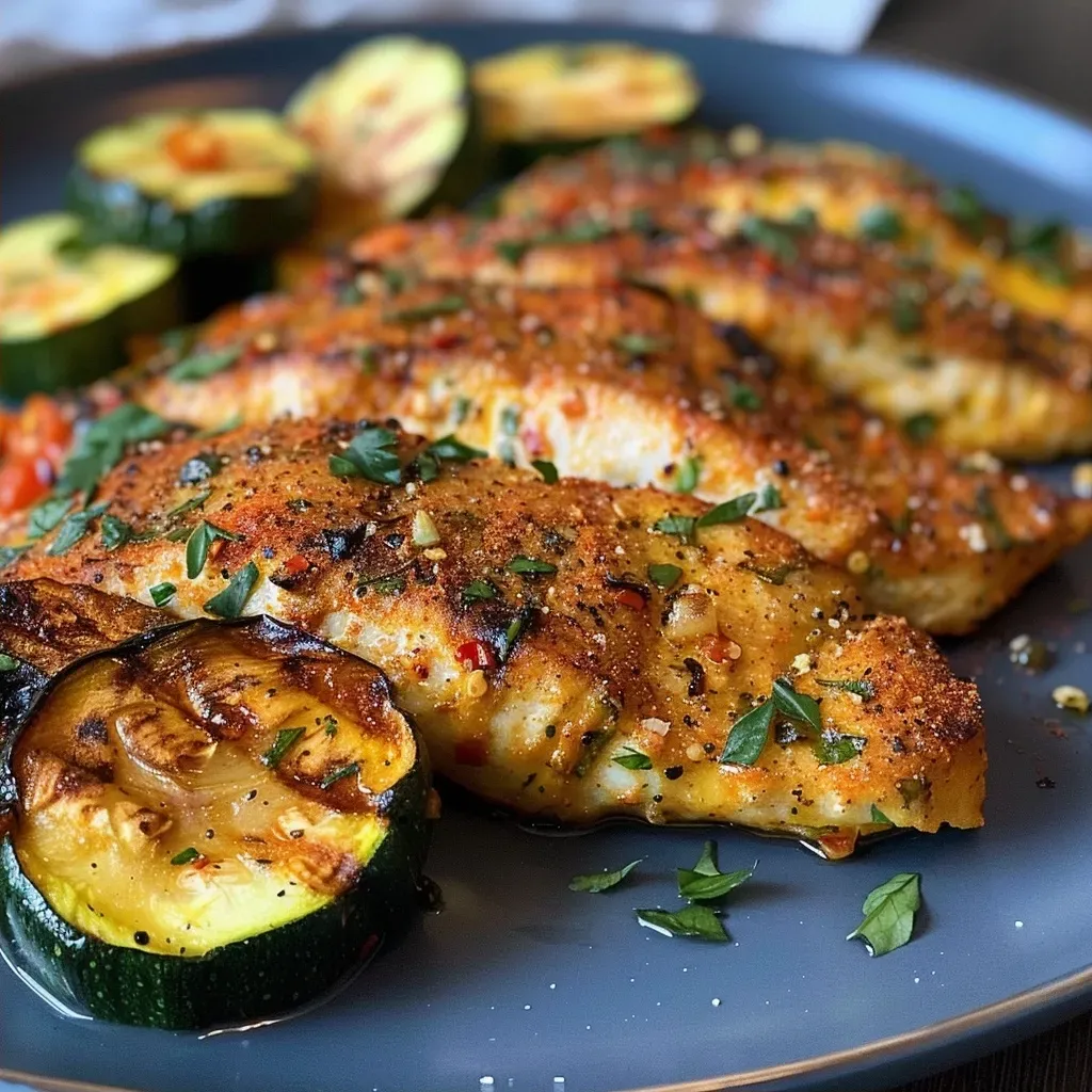 ['Close-up view of a colorful zucchini and paprika chicken dish in a frying pan.', 'Juicy chicken pieces mixed with vibrant zucchini and red bell peppers on a plate.', 'Side view of a delicious zucchini-paprika chicken stir-fry garnished with herbs.', 'A vibrant mix of chicken, zucchini, and peppers in a skillet, emphasizing freshness.']